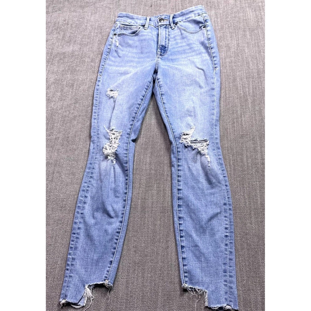 Good American Jeans Womens 4/27 Blue Denim Cotton Light Wash Raw Hem Distressed